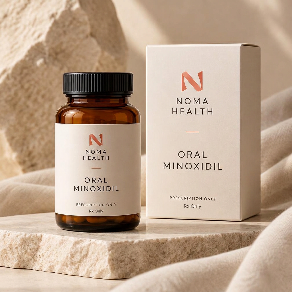 Editorial representation of NOMA Oral Minoxidil packaging